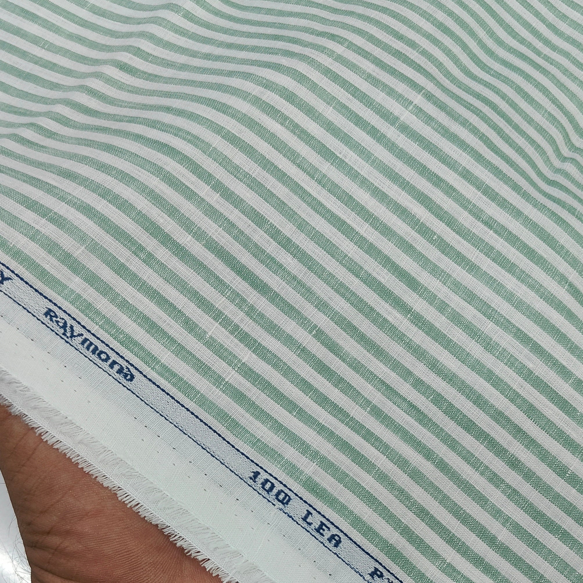 Shirt Fabric Raymond Regio Italia Super 100Lea*100Lea Pure Linen Vertical Lining Colour Sea Green N White